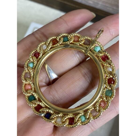Vintage Marked 12k Gold Filled Colored Glass Stones Large Circle Rope Pendant - Picture 1 of 8